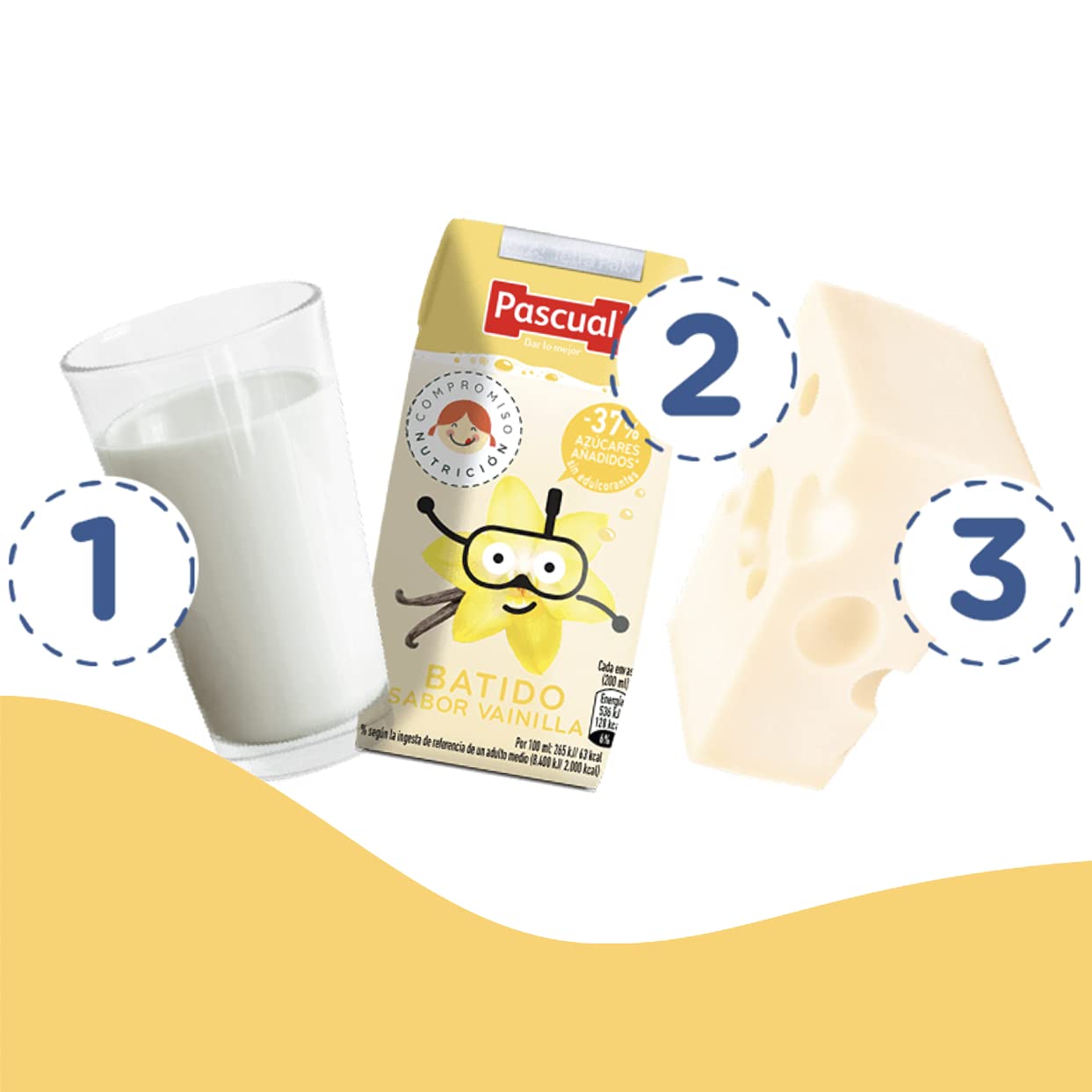 Pascual - Batido de Vainilla con Leche Pascual, 50% menos de Azúcares Añadidos - Pack de 6 Briks de 200 ml