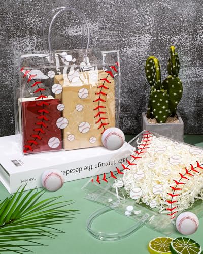 Liobelon Baseball Themed PVC Tote Bags - 24 Pack Clear Plastic Gift Bags with Handles & Snap Button, 8"x3.2"x8" Baseball Party Favor Bags for Sports Events, Birthday Parties, Team Gifts