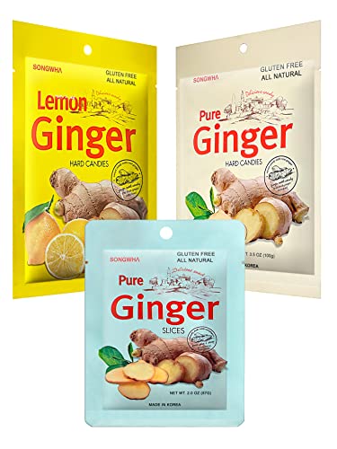 Songwha Real Ginger Candy Assorted 3 Pack. All-Natural Korean Ginger. Original Flavor Lemon Ginger Hard Candy & Pure Ginger Slices Soft Chews. For Morning Sickness Nausea. ATREVO Bundle Pack.