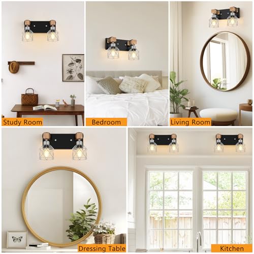 Image of FadimiKoo Farmhouse Bathroom Light Fixtures, Rustic 2-Light Wood Vanity Lights for Bathroom, Industrial Black Silver Wall Lighting with Metal Shade for Bedroom, Living Room, Hallway