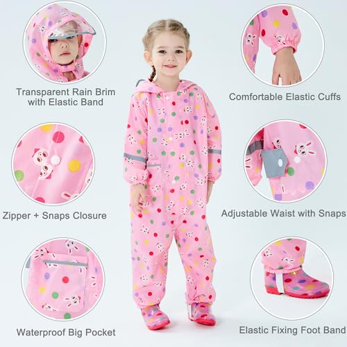 Image of Fewlby Toddler Rain Suit for Boys Girls Kids Raincoats With Hood One Piece Baby Rain Jacket Waterproof Coverall 1-10 Years