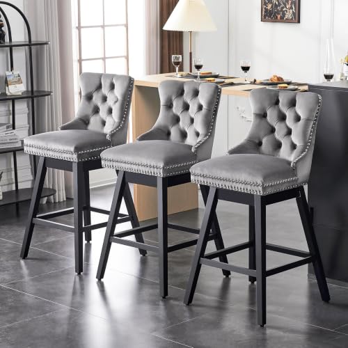 Image of Grey Swivel Bar Stools, Velvet Counter Height Bar Stools Set of 1
