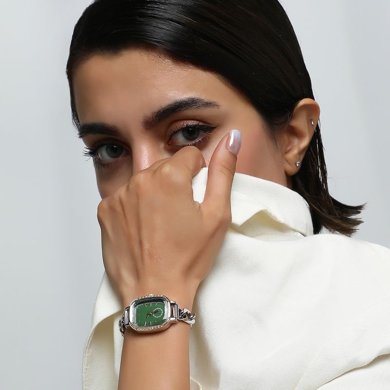 Image of Haute Sauce Women's The Churchford Rectangular Watch | Silver Stainless Steel Strap | Emerald Green Dial | One-Size | Foldover Closure | Quartz | Analogue | Wrist Belt Watch for Female & Girls