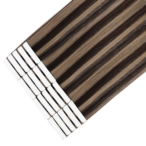 Image of Sixstarhair Tape In Hair Extensions Human Hair Chocolate Brown Highlighted Caramel Blonde Silky Straight Tape In Hair Remy Human Hair Extensions 50 Gram 20 Pcs [P4-27 22inch]