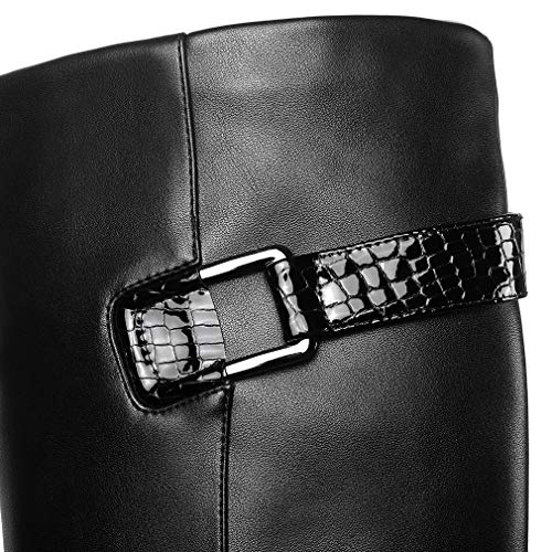 Tinacus Handmade Women's Genuine Leather Square Toe Mid Chunky Heel Side Zip Up Black Knee High Boots With Buckle Decor (Black, Us8) #TOP5