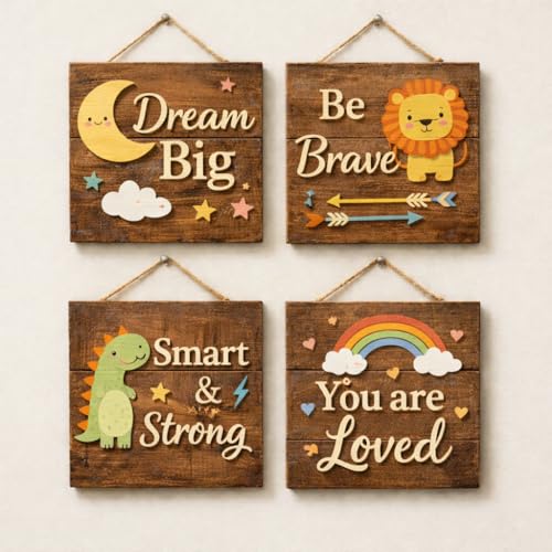 Image of Wooden Kids Wall Hanging Signs | Motivational Nursery Bedroom Décor Plaques | Rustic Children's Room Art | Inspirational Quotes for Boys Girls Toddlers | Dream Big Be Brave Set of 4 (1)