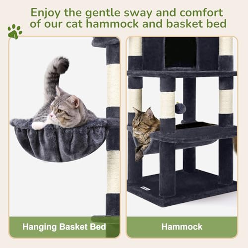 Image of Globlazer Corner Cat Tree Tower for Indoor Cats, 51in Multi-Level Cat Condo Tower with Large Hammock, 7 Sisal Scratching Posts, Oversized Top Perch, Spacious Cat Cave, Hanging Basket, C51, Dark Grey