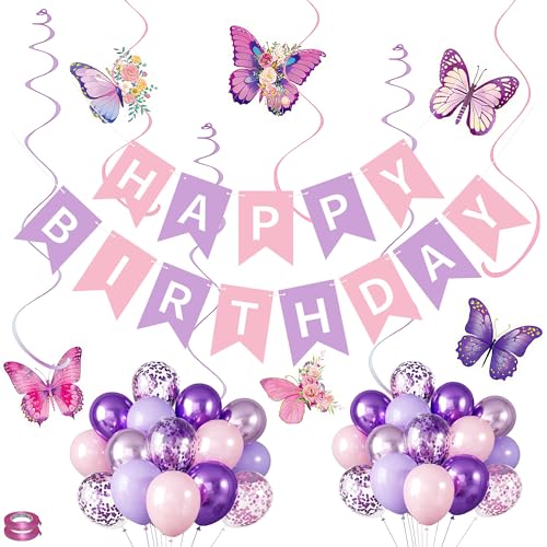 Kemute Happy Birthday Banner，Including pink and purple flags, butterfly spiral decorations, sequined balloons birthday banner,Celebrating the child’s birthday