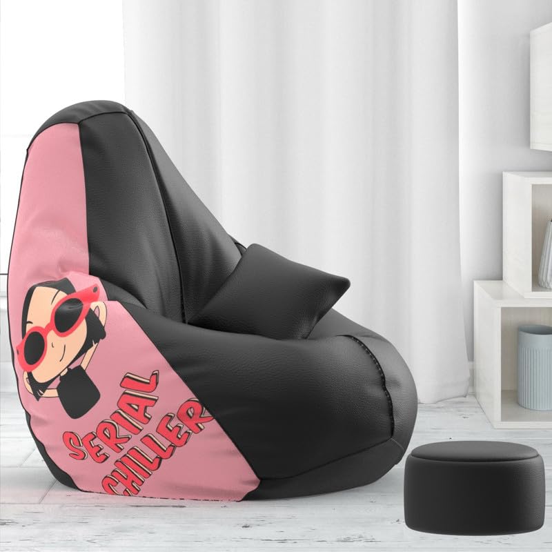 Biggie Bean Bag Cover 4XL Evergreen Classics Bean Bag-Loud Prints-Soft Landings-Styled with Free Cushion & Footrest (Matching Color : Printed Serial Chiller - Black Peach)-image-48