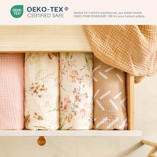 Image of GRSSDER 100% Cotton Muslin Crib Sheet 2 Pack - Breathable & Ultra-Soft Fitted Crib Sheets for Standard Baby & Toddler Mattresses, 52 inchx28 inch with 9 inch Deep Pocket, Snug Fit All-Around Elastic