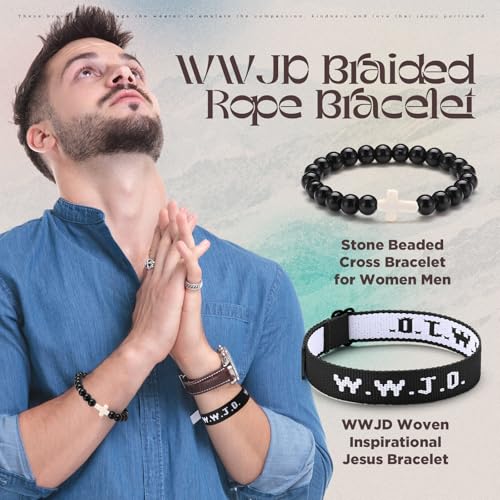 Image of Huquary 18 Pcs Easter WWJD Braided Christian Cross Bracelet Beaded Stretch WWJD Adjustable Jesus Bracelet Wristband for Women Men What Would Jesus Do Religious Rope Jewelry Faith Pendant Easter Gift