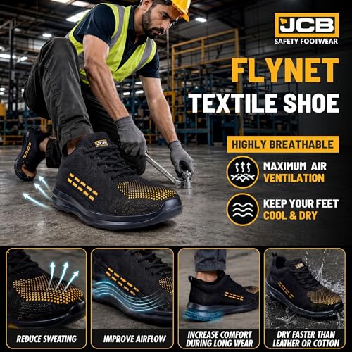 Image of JCB FASTRAC Light Weight Safety Shoes for Man | Breathable Textile Upper | Steel Toe Cap | Antislip & Water Resistant | Single Density, Antistatic & Abrasion Resistance | Black | Size 6-10 UK