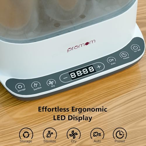 Image of PROMOM 6-in-1 Baby Bottle Sterilizer & Dryer with Air Filter & LED Controls | Kills 99.9%* Germs in 10 min Cycle | Quick Drying & Storage | Stays Sterile Upto 72hrs*,multicolor, STANDARD WARRANTY PACK ( 1 Year Warranty )