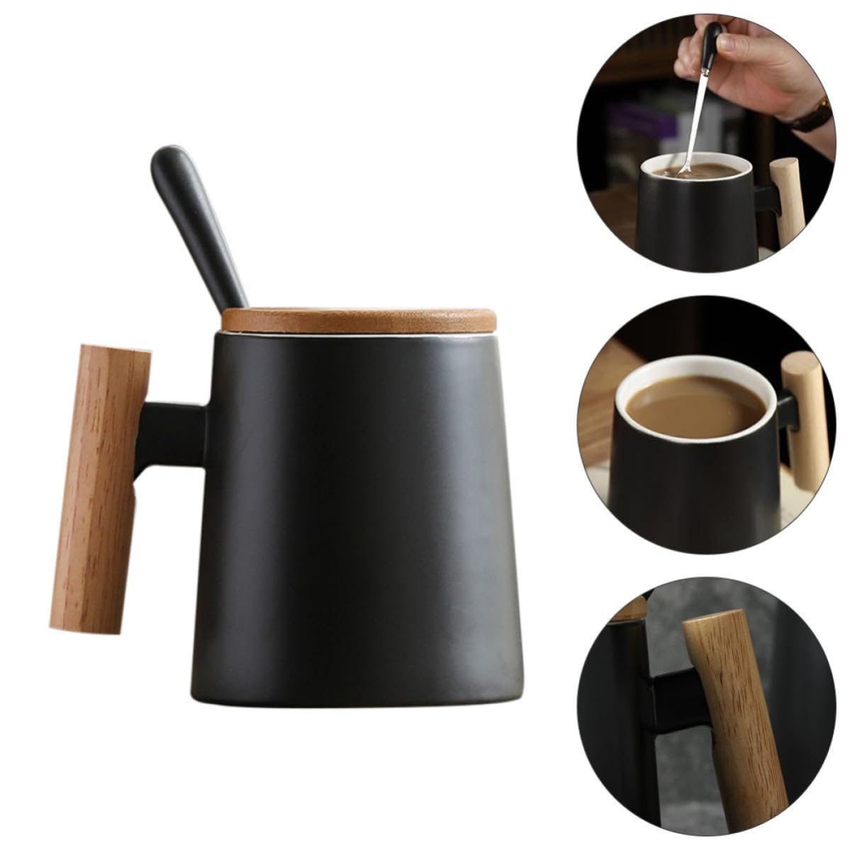 Set 2 Tazzine da Caffè in Ceramica con Coperchio in Legno e Cucchiaio, Base Piatta e Foro per Fissare Cucchiaio, per Colazione e Bevande Calde