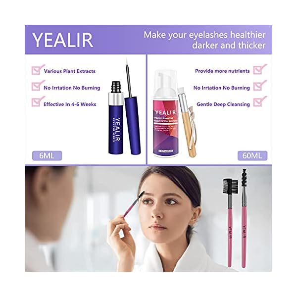YEALIR Eyelash Growth Serum, Eyebrow Growth Enhancer,Lash Nourish Growth Serum 6ML & Eyelash Cleanser 60ML Kit, Lash Serum for Longer Fuller Eyelashes and Brows with Natural Extract