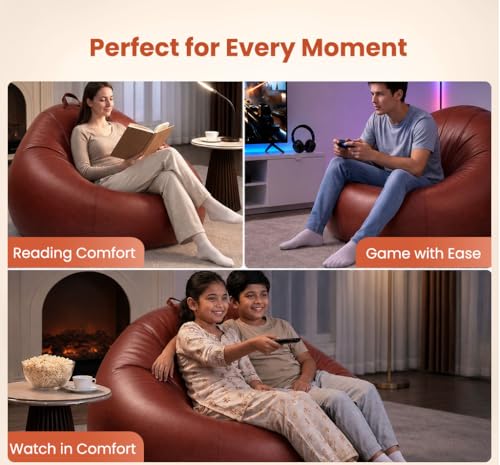 Image of Sattva Classic 2XL Bean Bag Chair with Beans Filled | Sofa Style Faux Leather Beanbags for Living Room | Pre-Filled Bin Bags Sofa & Beam Bag for Adults | Home & Office, Tan
