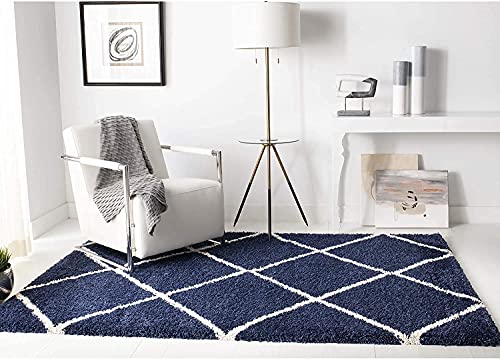 Image of Trellis Design Microfiber Hand Woven Shaggy Carpet Collection with 2 inch Pile Height Carpet for Living Room Size 5x5 feet Round coular Blue /Ivory
