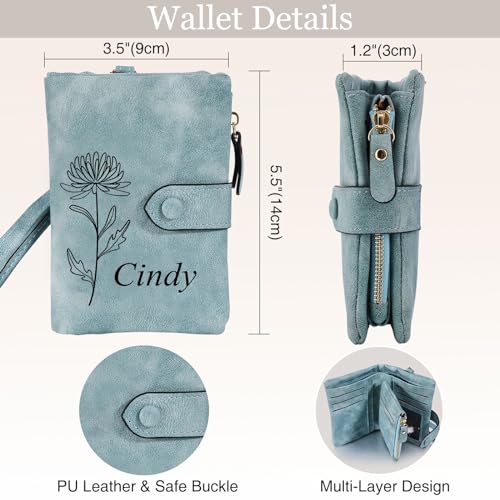 INBLUE Custom Leather Purse for Women Engraved Birth Flower with Name Ladies Wallet Small Tri-Fold Zipper Coin Purse with Wrist Strap Personalized Gift for Mom Mother's Day Birthday - Green4