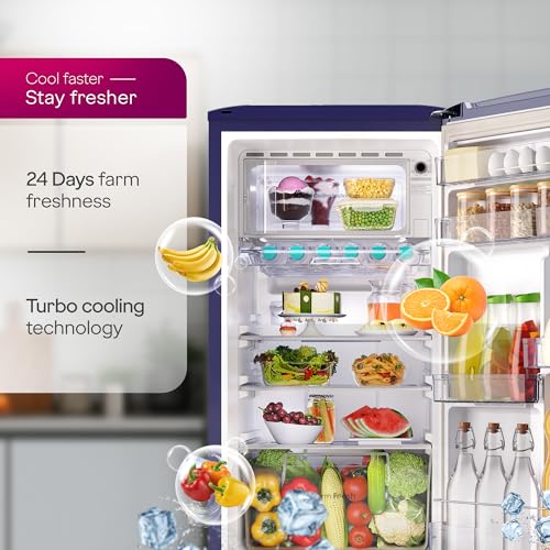 Image of Godrej 183 L 2 Star| Farm Fresh Crisper Technology| Turbo Cooling Technology | Toughened Glass Shelved | Jumbo Vegetable Tray | Direct Cool Single Door Refrigerator (RD R190BN THF BR BL, Berry Blue)