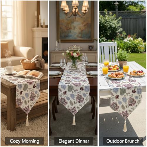 Image of COZY FURNISH Decorative Floral Cotton Table Runner - Tassel Dining Table Runner for 6 Seater & Bed Runner | Washable Home Furnishing Runner 13x72 Inch