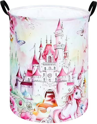 Image of Round Castle Pattern Laundry Hamper Clothes Storage Basket Fabric Storage Hamper Organization Storage Bin, Nursery Box,Gift Basket with Handles