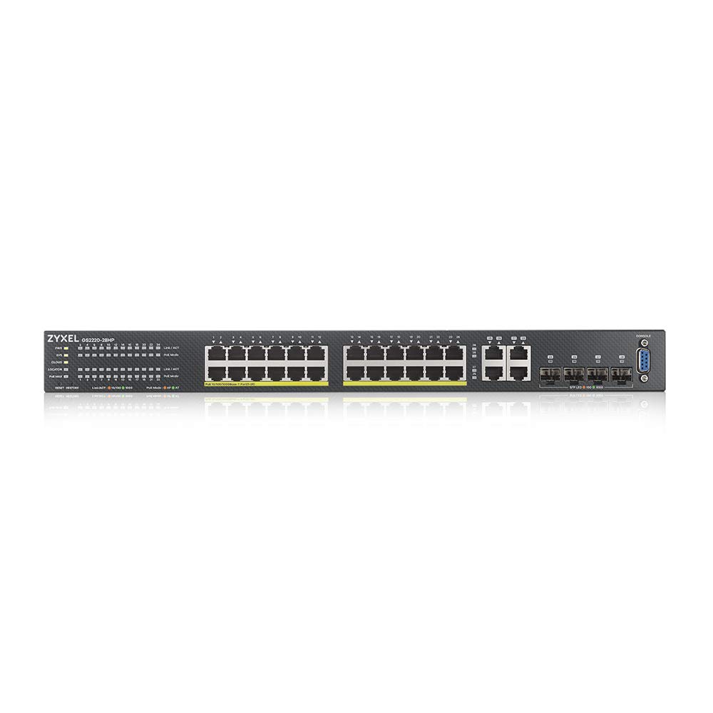 Zyxel Switch PoE+ gestito Layer-2 Gigabit Ethernet a 24 porte | Budget da 375 Watt | 4 porte combo Gigabit | Modalità cloud ibrido [GS2220-28HP]