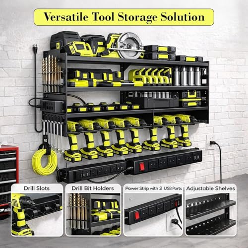 MILENTII Large Power Tool Organizer Wall Mount with Charging Station, 6-Shelf Heavy Duty Metal Tool Storage Rack & 57 in 1 Precision Electric Screwdriver Set with 50 Magnetic Bits - Image 2