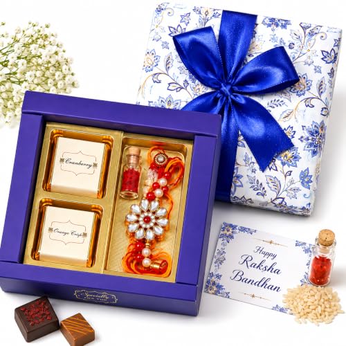 Image of VELVET FINE CHOCOLATES Rakhi Gift Box with Handmade Chocolates (Cranberry and Orange Crisp) Kundan Rakhi with Card & Kumkum Chawal Set | Raksha Bandhan Gift for Brother, Sister & Family