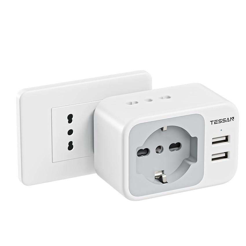 Immagine del prodotto TESSAN Presa Multipla con Spina 10A, Salvaspazio con 1 Presa Schuko e 2 IT, Prese Elettriche con 2 USB, Presa Tripla Salvaspazio per Ufficio, Tripla 2300W