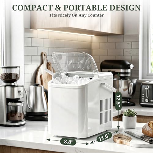 Ice Maker, Portable Ice Makers Countertop with Handle, Basket & Scoop, 26Lbs/24Hrs, 9 Bullet Ice Cubes in 6 Mins, 2 Ice Sizes, Self-Cleaning, Quiet Compact Ice Machine for Home Kitchen Party, White