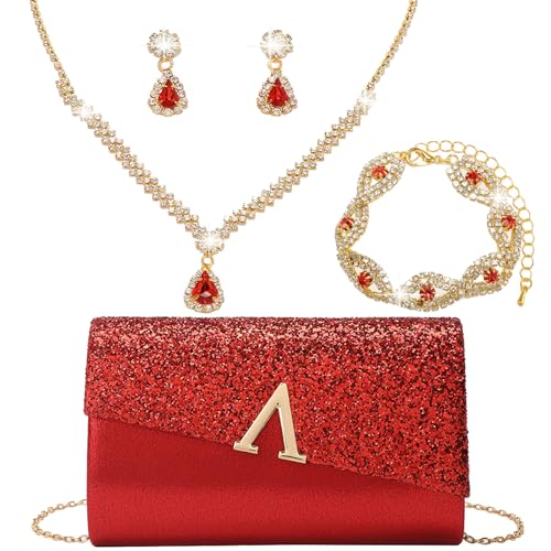OUAYEMEL Sac à Main Brillant pour Femmes, Sac à Main Étincelant et Brillant pour Soirée, Mariage ou Bal, Ensemble de 4 Pièces de Bijoux à Strass Rouge