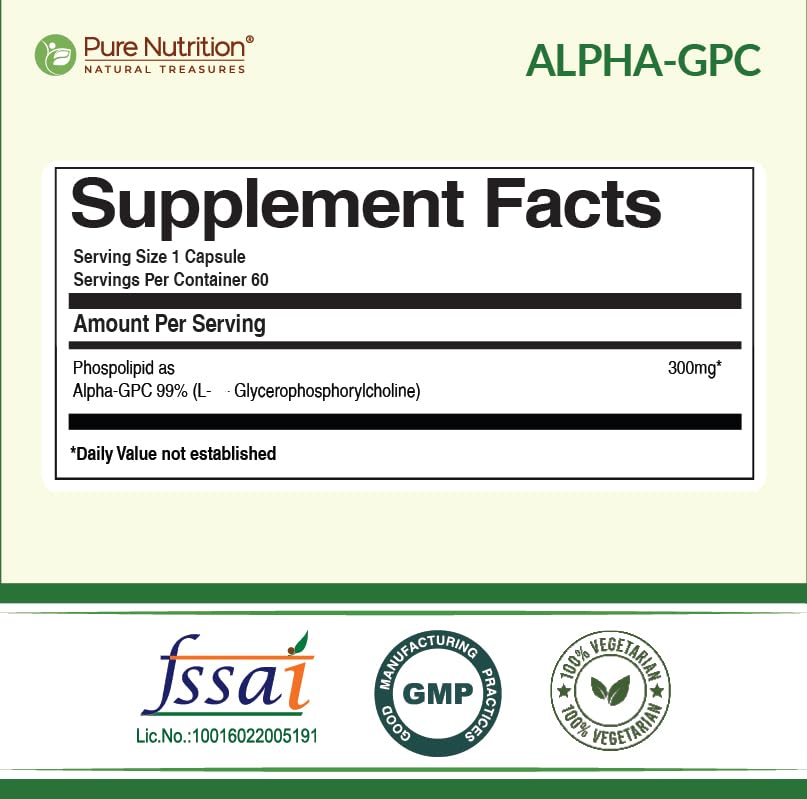 Image of Pure Nutrition Alpha GPC 300mg with L- Glycerophosphorylcholine Cognitive Function | Powerful Alpha GPC Supplement Helps to Improve Focus, Mental Clarity & Memory | Brain Health Supplement for Men & Women - 60 Veg Capsules