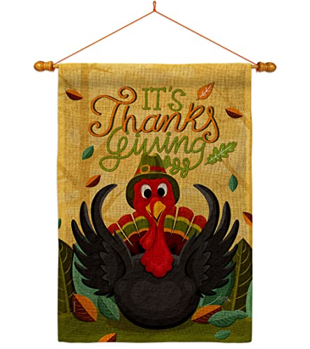 Breeze Decor It's Thanks Turkey House Flag Dowel Set Falltime Thanksgiving Give Gobble Pumpkin Season Autumntime Cornucopia Decoration Banner Small Garden Yard Gift Double-Sided, Made in USA