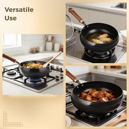 Wok de hierro fundido con tapa y mango de madera, 9.4 pulg miniatura 6