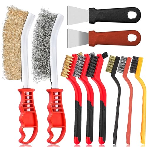 XiaoLidm 10 Pcs Wire Brushes for Cleaning Big and Small Wire Brush Hand Wire Brush Brass Wire Brush for Cleaning Rust Paint and Welding Slag Cleaning Brush Set With 2 Scrapers 3 Sizes Of Brush