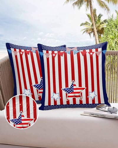 Boanket Outdoor Pillow Covers 18 x 18 in, Red Striped 4th of July Waterproof Throw Pillow Cover Set of 2, Independence Day Blue Star Home Decorative Square Cushion Covers for Patio/Tent/Couch/Garden