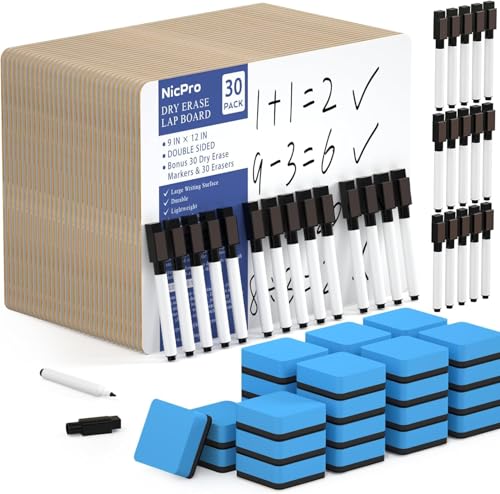 Nicpro 30 Pack Dry Erase Mini Whiteboard A4 22 x 30 cm Double Sided Lapboard Bulk with 30 Pens 30 Erasers Learning Small White Board Portable Drawing Writing for Kid Student and Classroom Use