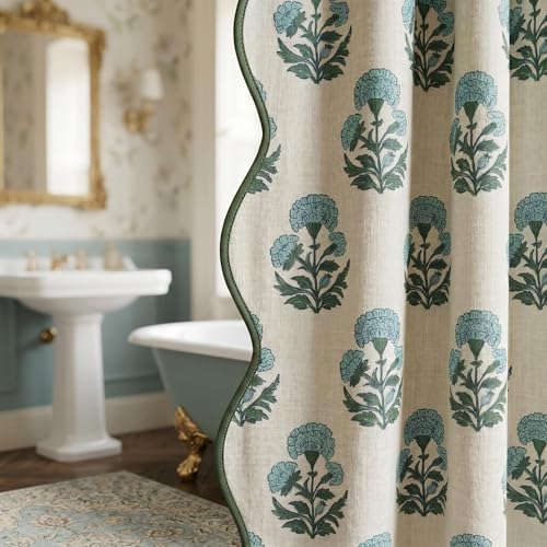 Boomkin Block Print Shower Curtain Blue and White Shower Curtain Set Linen Textured with 12 Hooks Vintage Floral Grandmillennial Bathroom Decor for Vintage Farmhouse Frenchy Bathroom (72W x 72L)