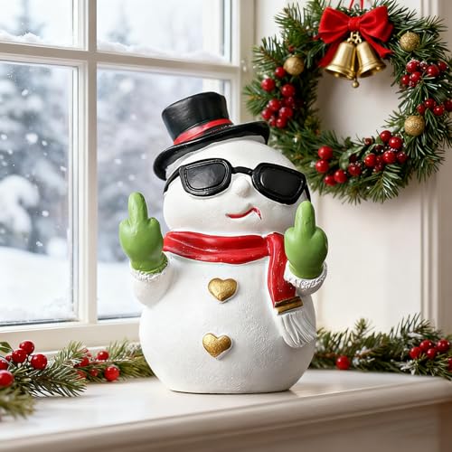 OFDNE Christmas Snowman Figurine, Funny Middle Finger Statue, Cute Decor for Christmas Decorations Indoor, Xmas Figurine for Porch and Indoor Home Party Winter Decor Gifts