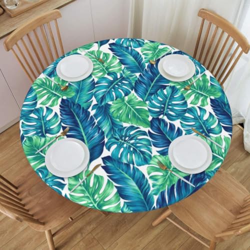 Tropical Palm Leaves Tablecloth Round Elastic Fitted Table Cover 40-44 Inch