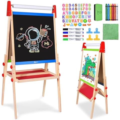 Joyooss Easel for Kids Easel, Wooden Easel Whiteboard & Chalkboard Easel, Foldable Height Adjustable Double Sided Toddler Art Easel Kids, Art Easel for Kids Age 4-8 9-12 Magnetic Board for Kids Easel Cover