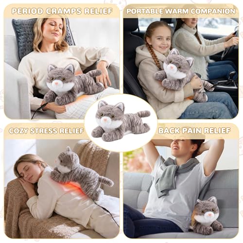 Image of Cat Heating Pad for Period Cramps Menstrual Pain Relief, Portable Electric Heat Pads USB Powered, Cute Grey Cat Plush Stuffed Animals Gift, Funny Cats Gifts for Women Teen Girls Birthday Christmas