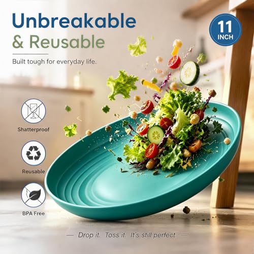 Image of 11In Large Wheat Straw Deep Plates,Unbreakable Dinner Plate, Green | Lightweight Microwave and Dishwasher Safe Plastic Plates for RV, Camping, Party