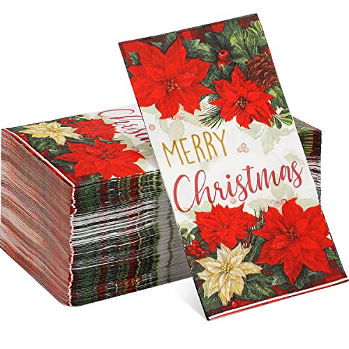 100 Pcs Christmas Poinsettia Napkins Red Green Buffalo Plaid Bordered Poinsettia Disposable Paper Dinner Napkins Merry Christmas Holly And Berry Hand Towels For Home Kitchen Christmas Party Supplies #TOP25