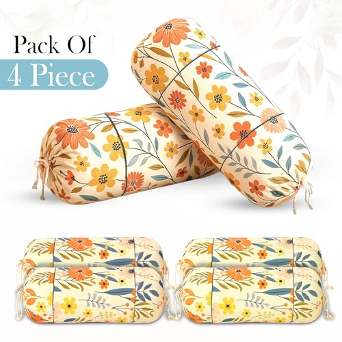 Image of GLUN Pack of 6 Multicolour Flower Printed Round Bolster Pillow Covers, Size 16 inch x 30 inch (40 x 75 cm, Cream) Printed Polyester Silk Fabric for Living Room or Bedroom, Stylish & Modern Covers
