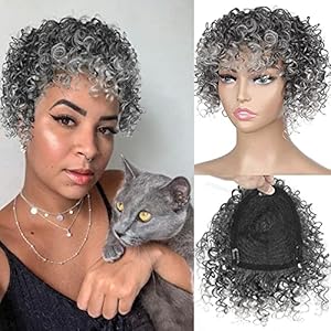 KRSI Afro Curly Hair Topper Silver Grey Synthetic Toppers Hair Pieces for Women, Hairpieces Toppers Pieces for Black Women With Thinning Hair Clip in Hair Topper With Bangs(1B/T0906)