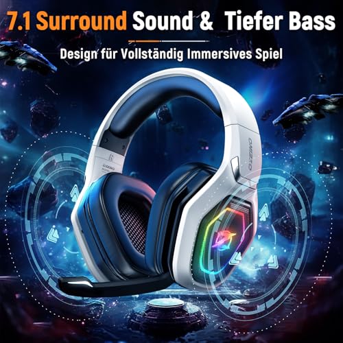 Ozeino OW810 Gaming Headset 40h Akku & Spielen beim Laden, 2.4GHz+BT(≤30ms), 7.1 Surround Sound Wireless Headset Mit Mikrofon für FIFA/CS:GO/Streaming, Kompatibel für PS5/PS4/Switch/Mac, Kristallweiß