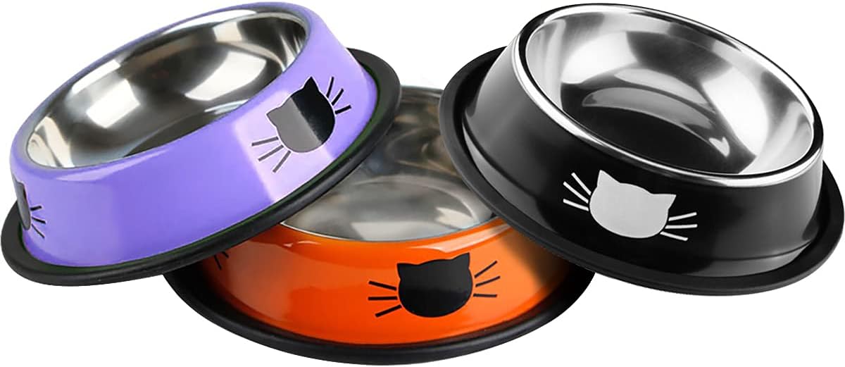 Stainless Steel Small Cat Bowls Dog Bowls with Rubber Base Non-Slip Puppy Dish,Pets Bowls for Food and Water (Orange Purple Black) (3PCS)