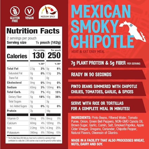 Image of The Good Bean Heat and Eat Pouch - Mexican Smoky Chipotle - (4 Pack) 10 oz Pouch - Simmered Pinto Beans with Chipotle Chilies - Pre-Cooked Beans with Good Source of Plant Protein and Fiber