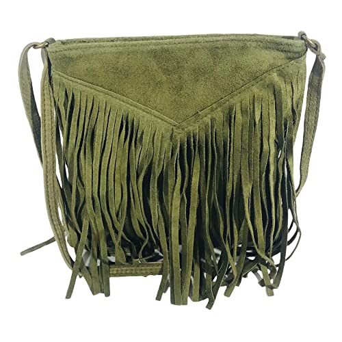 Bolso de mano Mujer Cuero Veritable Moda Ante Italiano con bandolera Usado Hombro con flecos Caqui, caqui